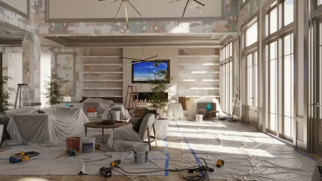 Living room and lobby renovation featuring modern and elegant interior design, showcasing premium materials, lighting, and architectural balance.