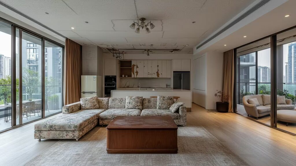 Living room with a deteriorated kitchen prior to renovation—modern interior remodeling project focused on upgrading layout, finishes, and energy-efficient lighting.