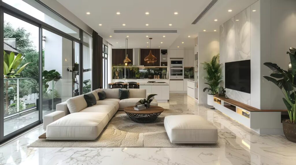 Contemporary living room with open kitchen, featuring marble and wood details—modern interior design focused on comfort, elegance, and long-term property value.