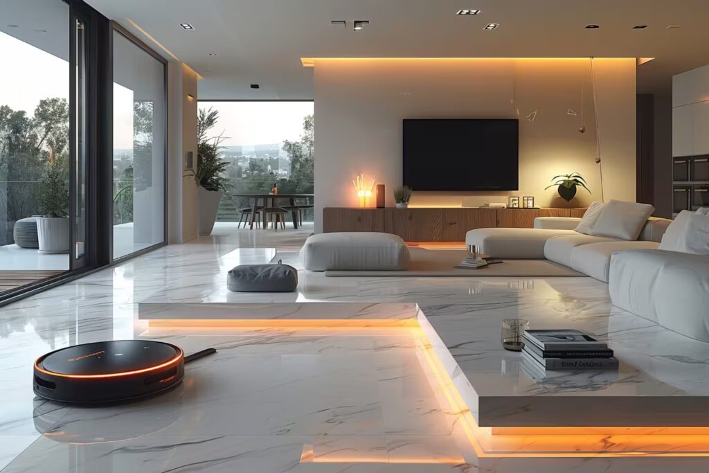Contemporary living room with ambient LED lighting and a robot vacuum, integrating smart-home technology, energy efficiency, and modern design.
