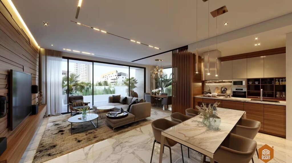 Modern living room with wood and marble finishes and an integrated kitchen—contemporary interior design focused on comfort, elegance, and long-term property value.