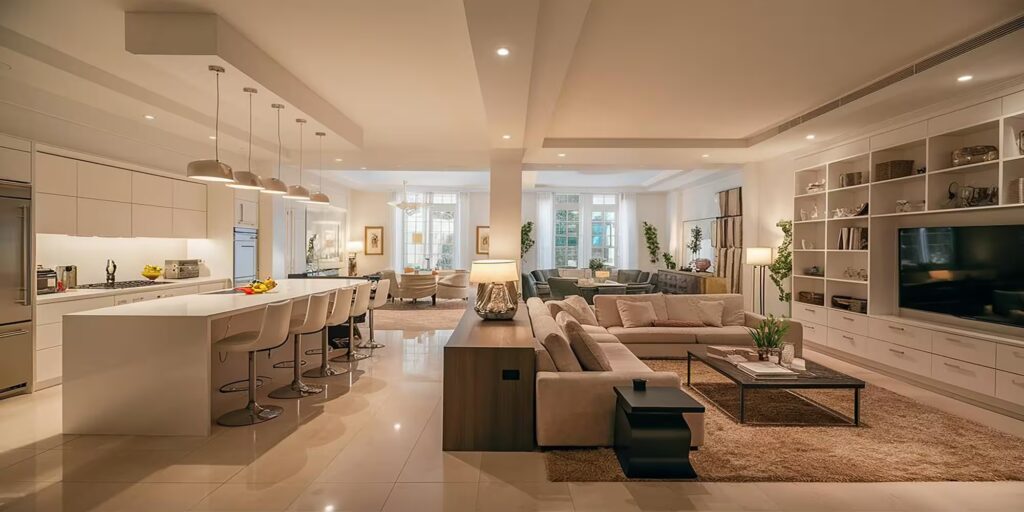 Modern living room with open kitchen, warm lighting, and luxury furniture—contemporary interior design that enhances comfort and property value.