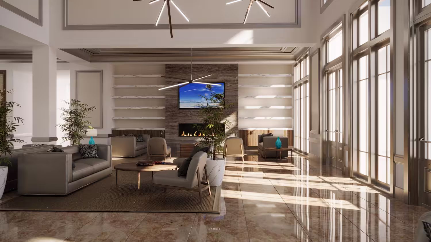 Elegant lobby with fireplace and designer sofas — ARCSA Capital