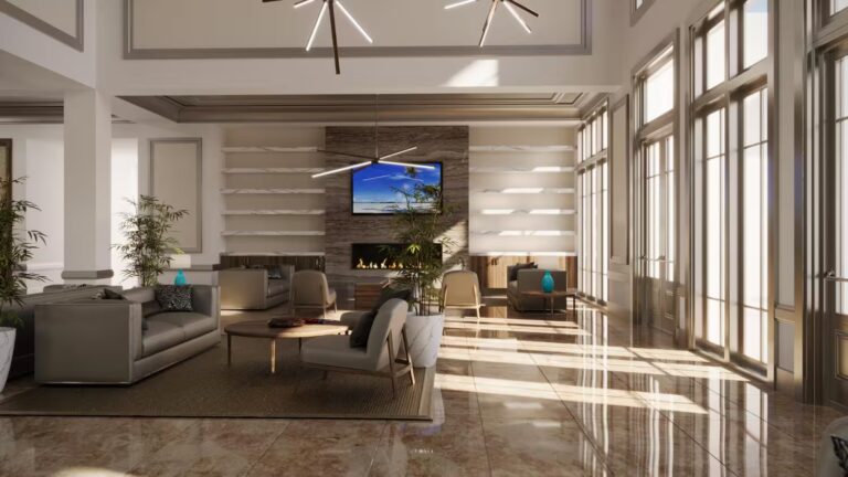 Elegant lobby with fireplace and designer sofas—luxury interior featuring natural light, refined finishes, and architectural balance.