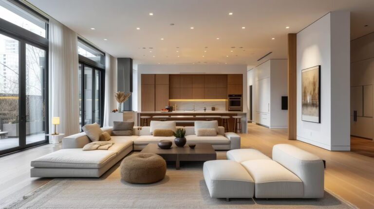 Living room with integrated kitchen in warm tones—modern and elegant interior design featuring premium materials and natural lighting.