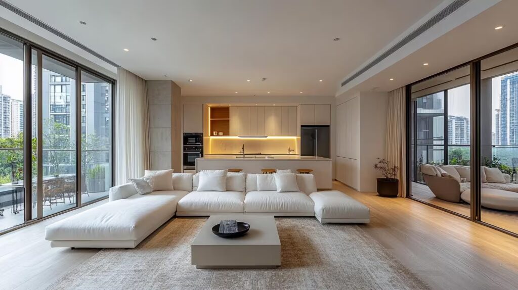 Modern living room with integrated kitchen and large windows — ARCSA Capital