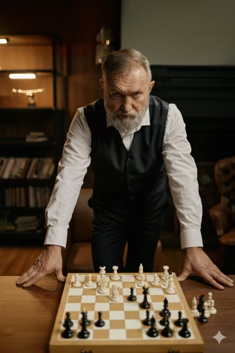 28 Years of Trust: Why Institutional Investors Choose ARCSA Capital Serious senior man playing chess, symbolizing ARCSA CAPITAL’s prudent, institutional decision-making and fixed-income real estate strategy in Miami.