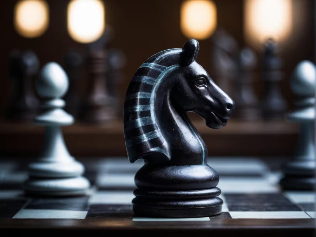 Black chess knight on a board—symbol of strategy, leadership, and tactical thinking in disciplined decision-making.