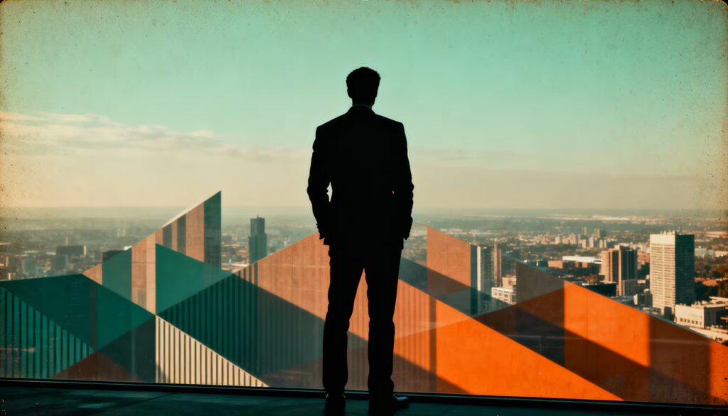 Executive overlooking the city from a skyscraper—symbol of business vision, leadership, and corporate strategy in a modern urban skyline.