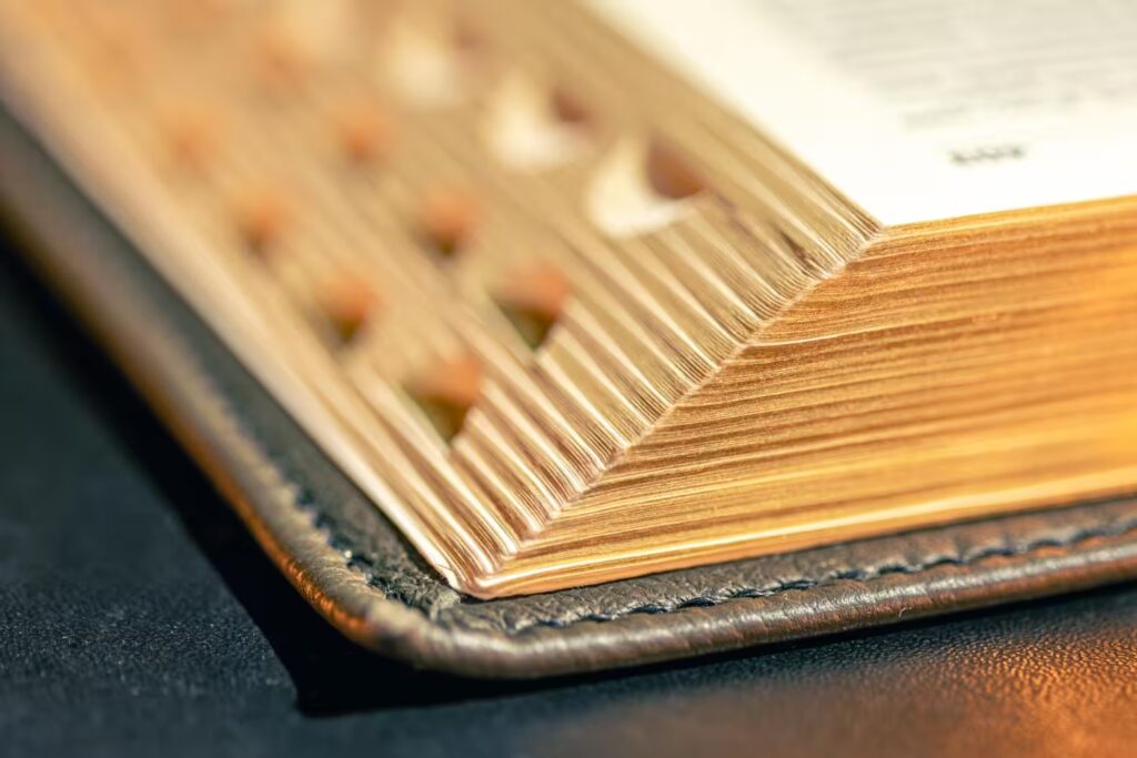 Antique book with gilded edges—macro detail of pages and handcrafted leather binding symbolizing knowledge, legacy, and institutional discipline.
