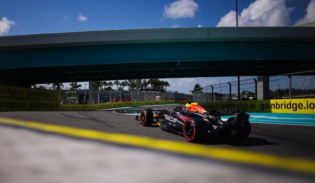 Red Bull Racing car navigating a turn during Miami Formula 1 Grand Prix
