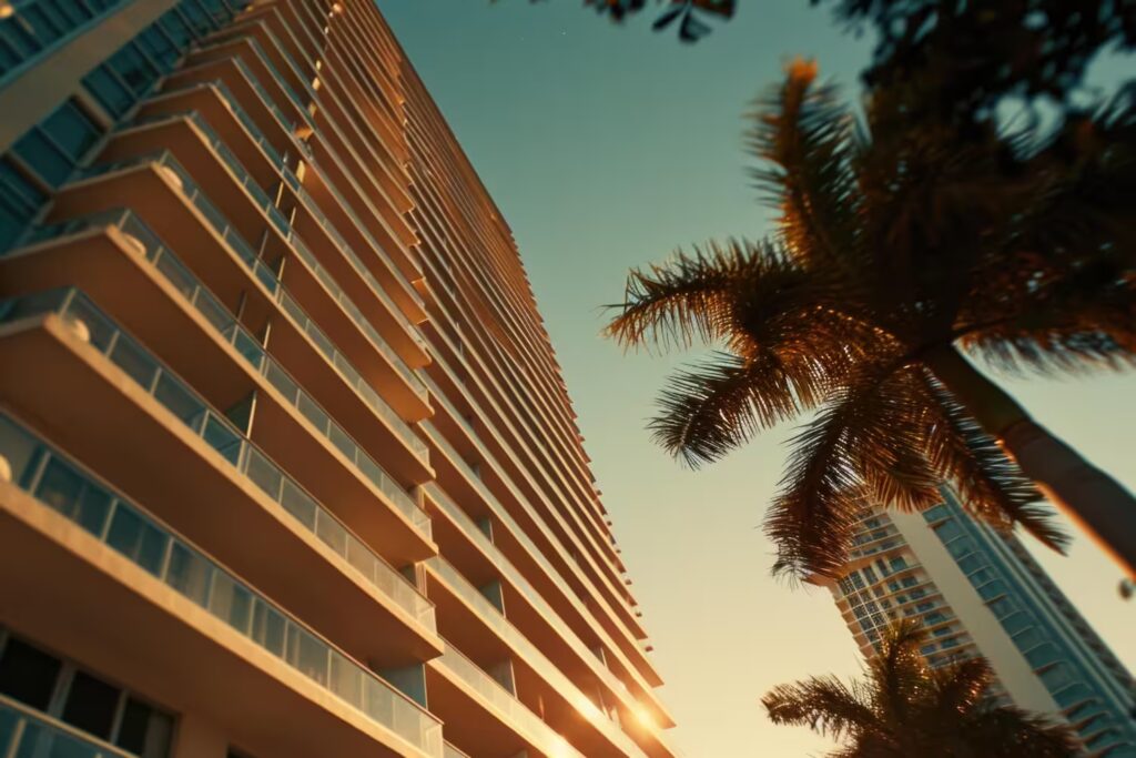 Florida multifamily skyline with palm trees at sunset—high-rise residential towers symbolizing institutional real-estate foundations and durable value.