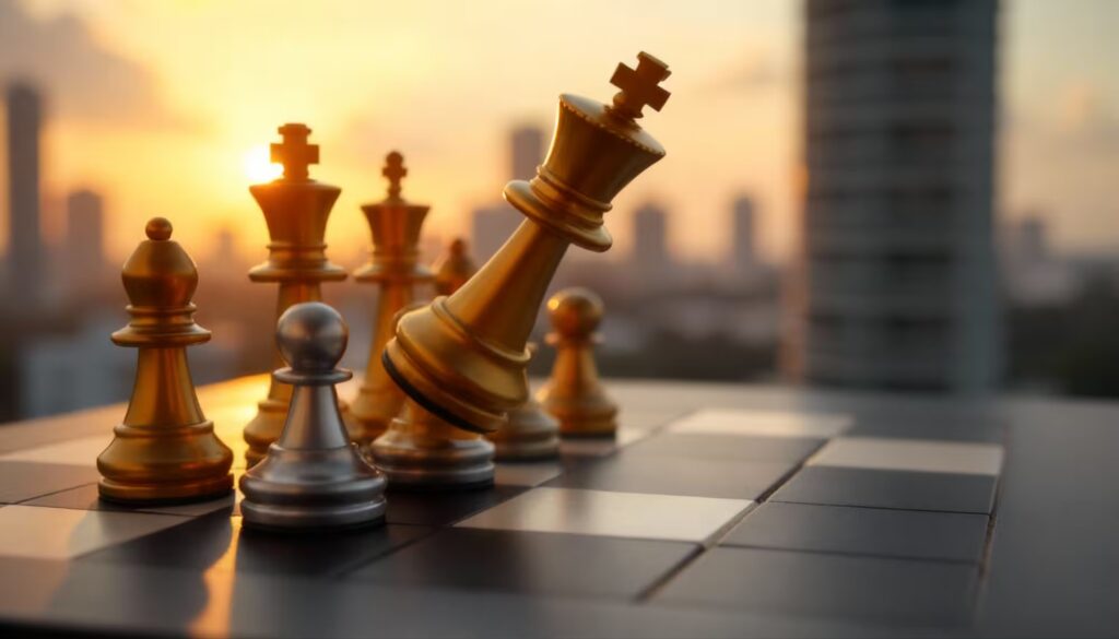 Institutional chessboard strategy—gold and black chess pieces symbolizing a predictable yield approach, risk discipline, and value-focused execution.