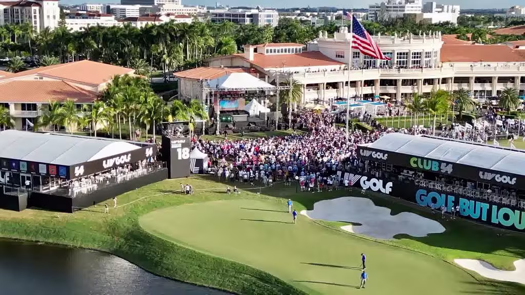 LIV Golf Miami Championship event at Trump National Doral with crowd and branding