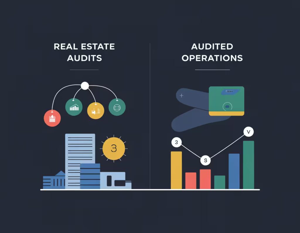 Real estate audits and operational performance infographic—KPIs for NOI, occupancy, CapEx, compliance, and reporting workflows.