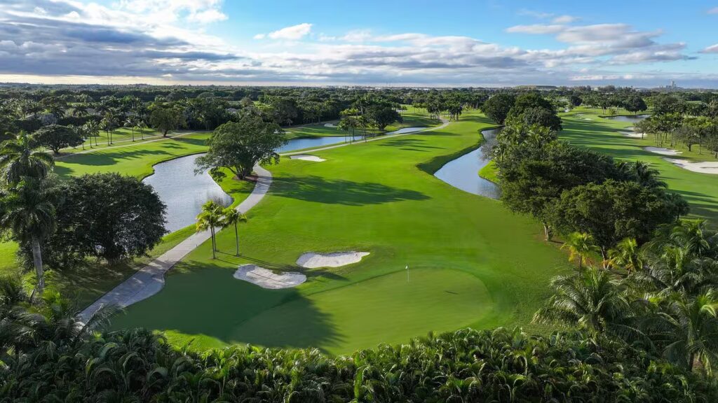 Trump National Doral Golf Resort Miami aerial view at dusk”