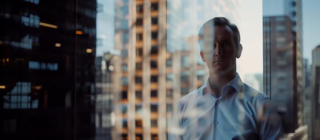 Executive with determination viewing the city skyline, symbolizing strategic focus.