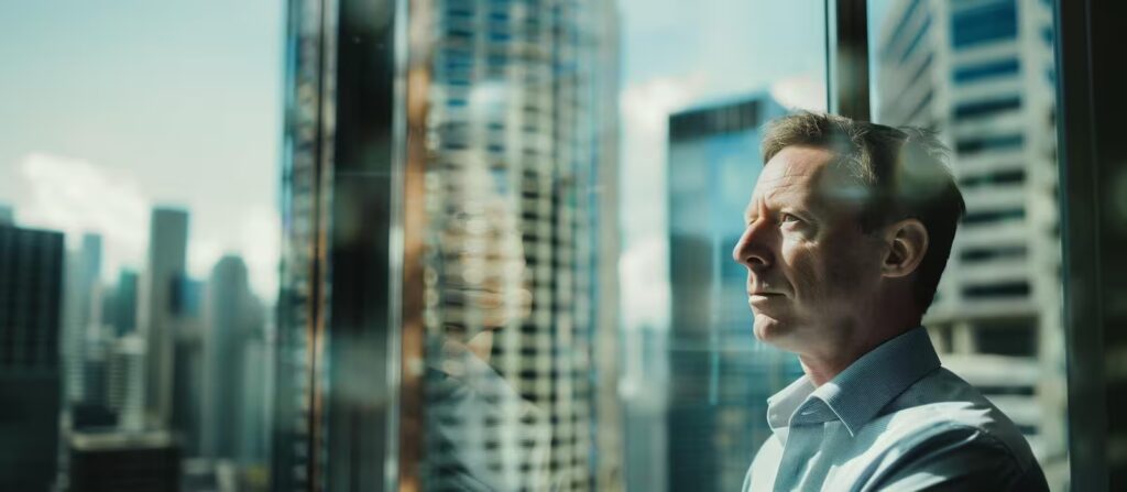 Executive viewing global strategic opportunities from a modern skyscraper.